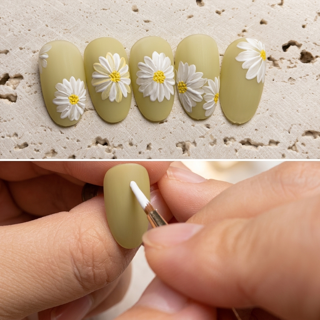 Una fina capa de color base amarillo translúcido aplicada sobre los pétalos de margarita blancos pintados.