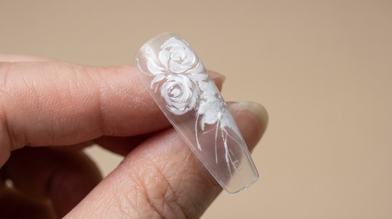 Una uña larga transparente que presenta intrincadas rosas blancas pintadas a mano y delicados acentos florales con un acabado dimensional.