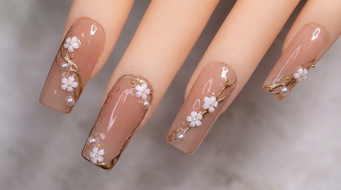 Uñas de Gel Nude con Contorno Metálico y Flores — Tutorial Paso a Paso