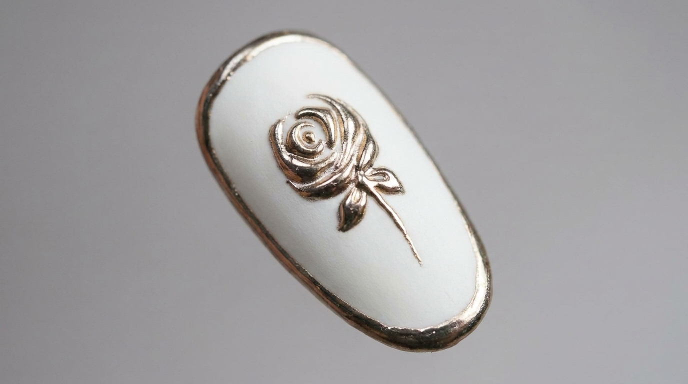 Uña almendrada con base blanca mate y un diseño detallado de rosa 3D en relieve con acabado de cromo dorado.