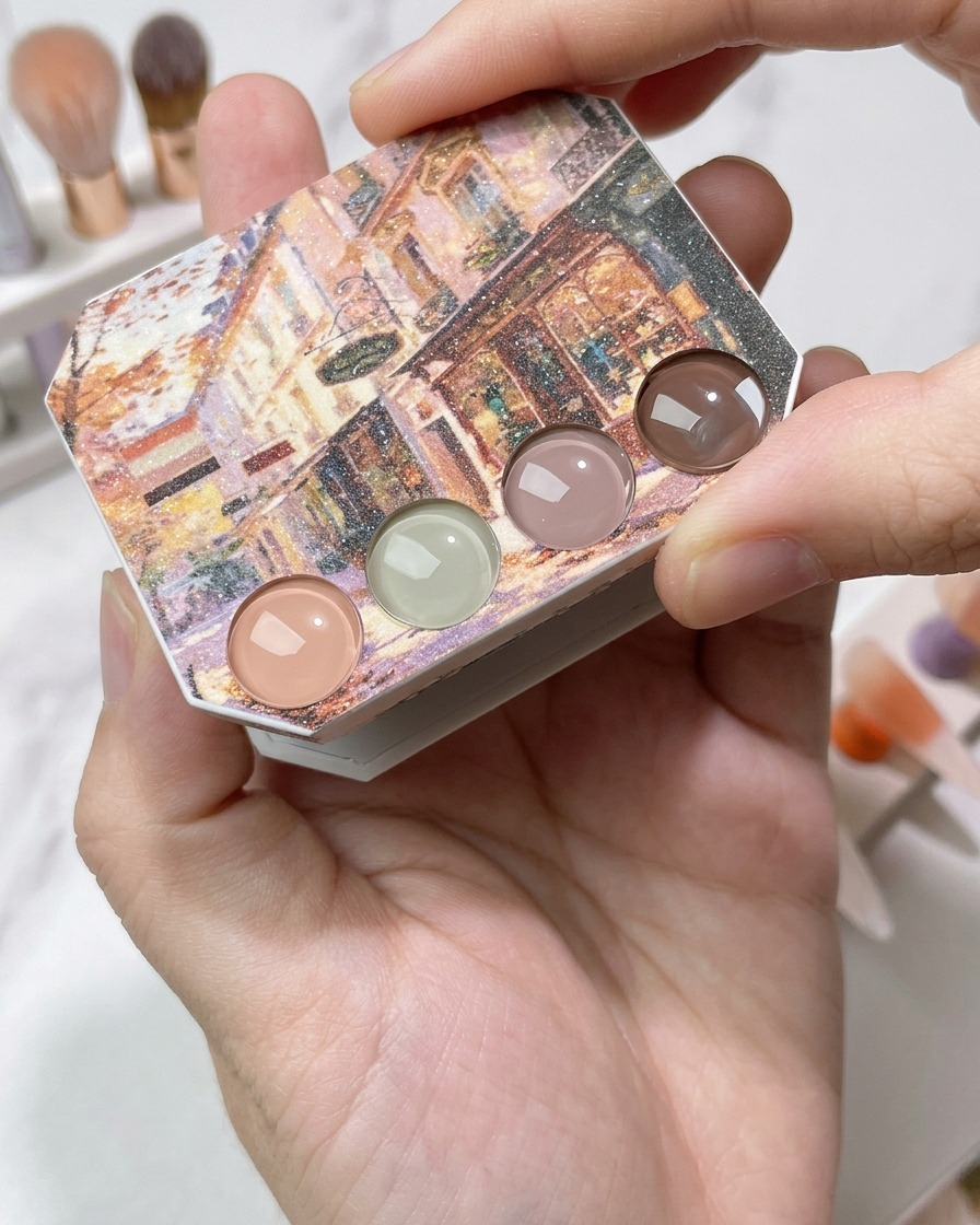 Un pincel de detalle aplicando gel nude traslúcido sobre el borde libre de una uña natural.