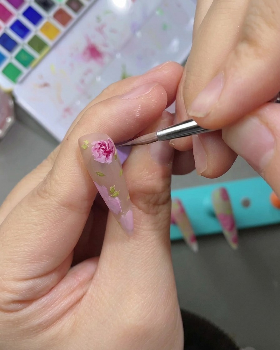 Primer plano de un diseño de rosa en uñas realzado con sombreado de acuarela rojo oscuro para un efecto dimensional.