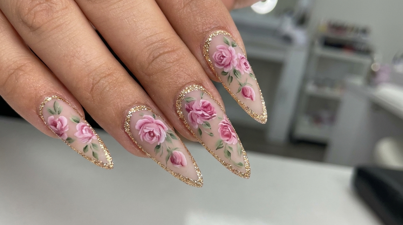 Diseño de Uñas con Rosas Mate y Bordes de Platino — Tutorial Estilo Stiletto