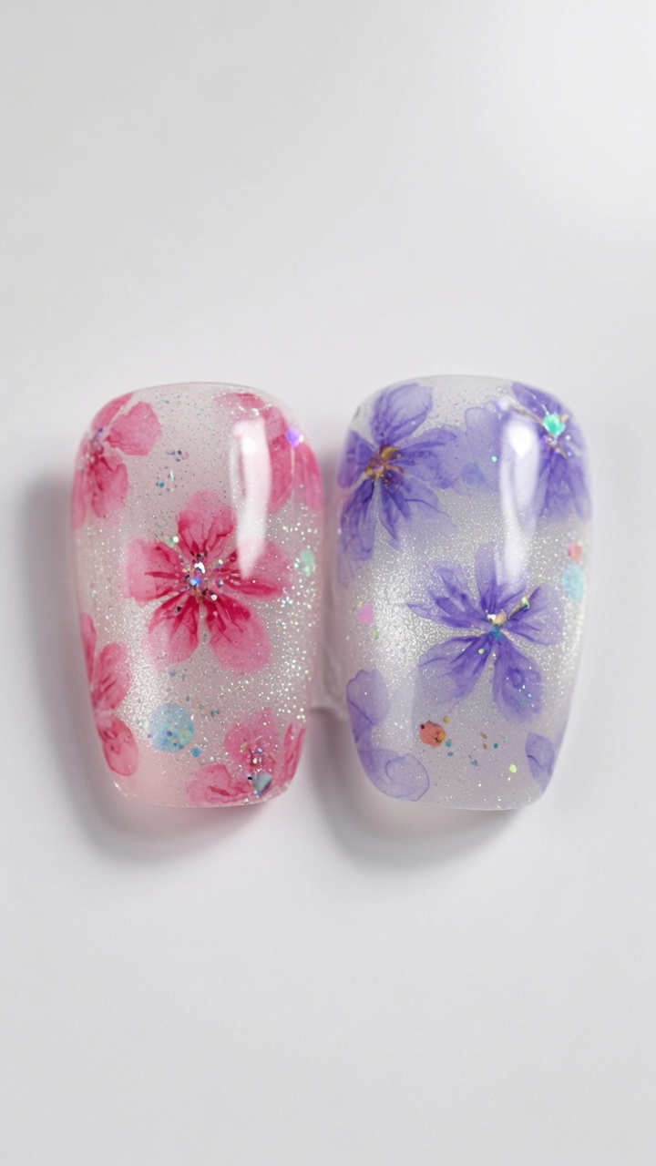 Uñas ojo de gato translúcidas efecto hielo con flores de cerezo pintadas a mano en tonos rosas y púrpuras.