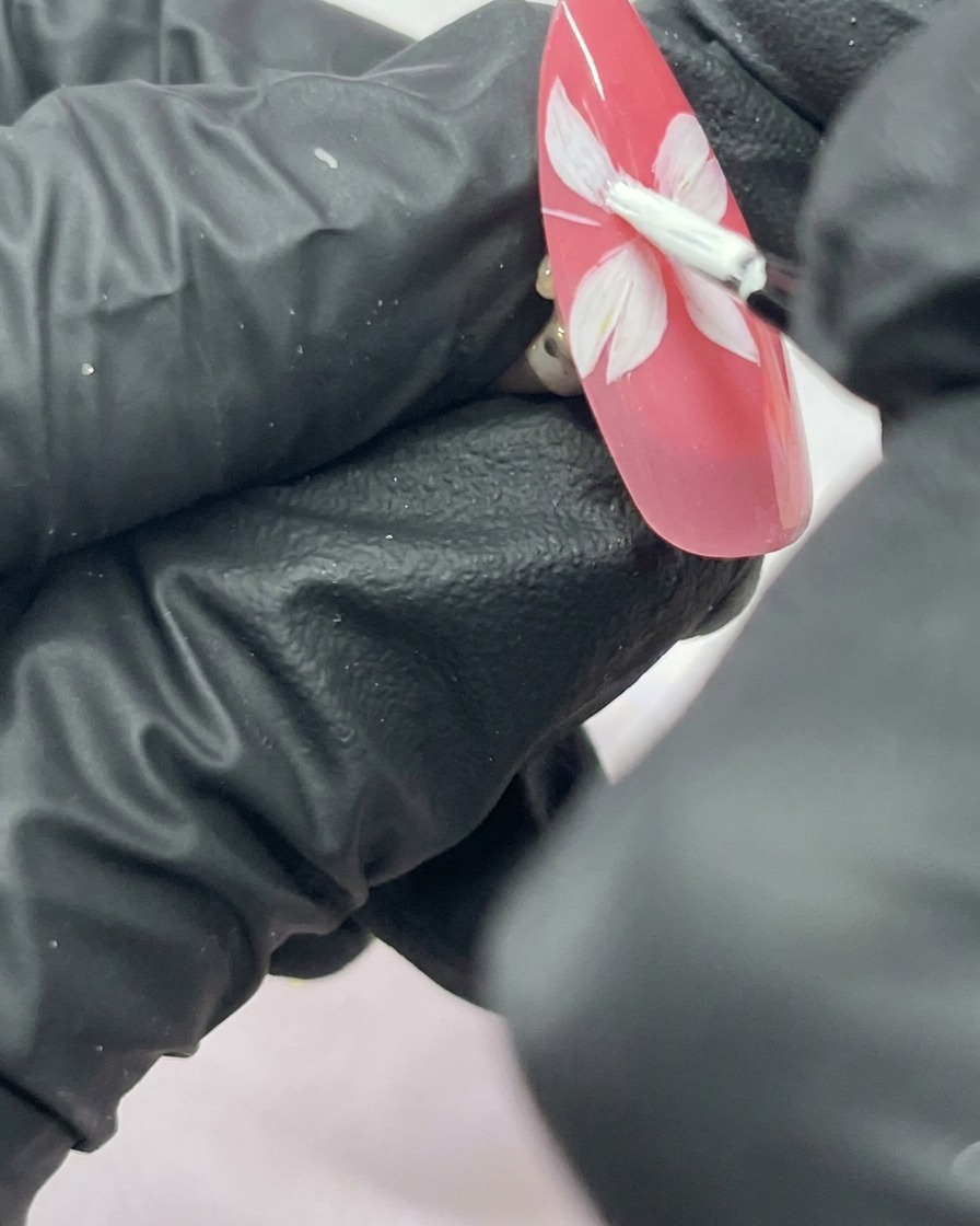 Primer plano de una uña con una flor de cerezo blanca de cinco pétalos pintada sobre un fondo rosa.