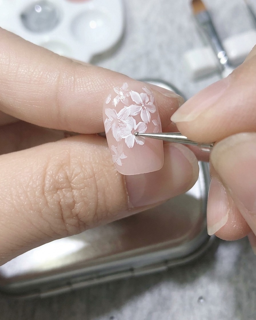 Una herramienta de puntos colocando gel rosa en el centro de la segunda capa de pétalos.