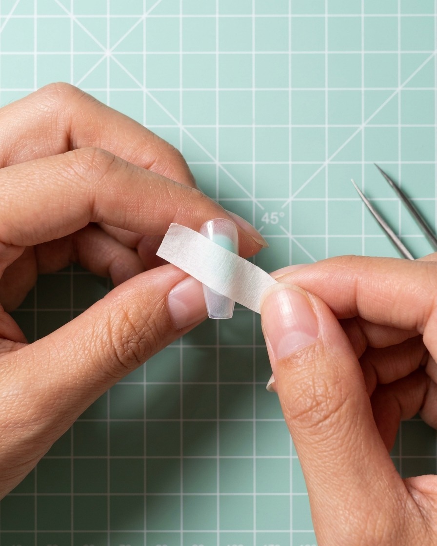 Primer plano de dedos aplicando una tira de cinta adhesiva horizontalmente sobre un tip transparente.