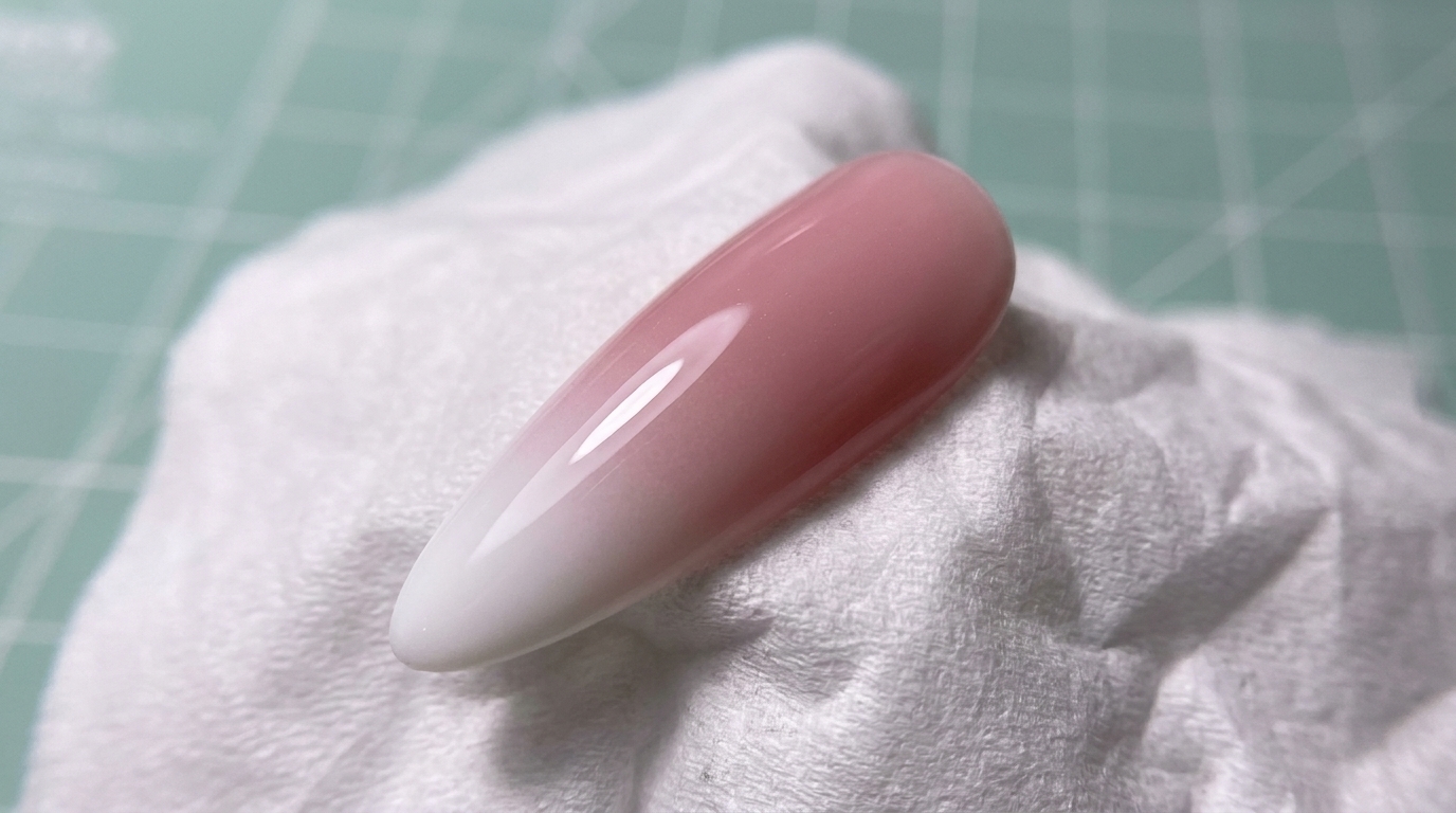 Primer plano de una uña terminada con una suave transición degradada de blanco en la punta a rosa empolvado en la cutícula.