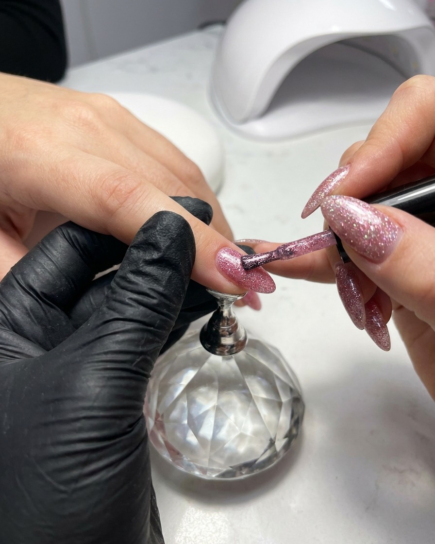 Un pincel de detalle aplicando gel rosa de efecto diamante creando un degradado hacia la punta.