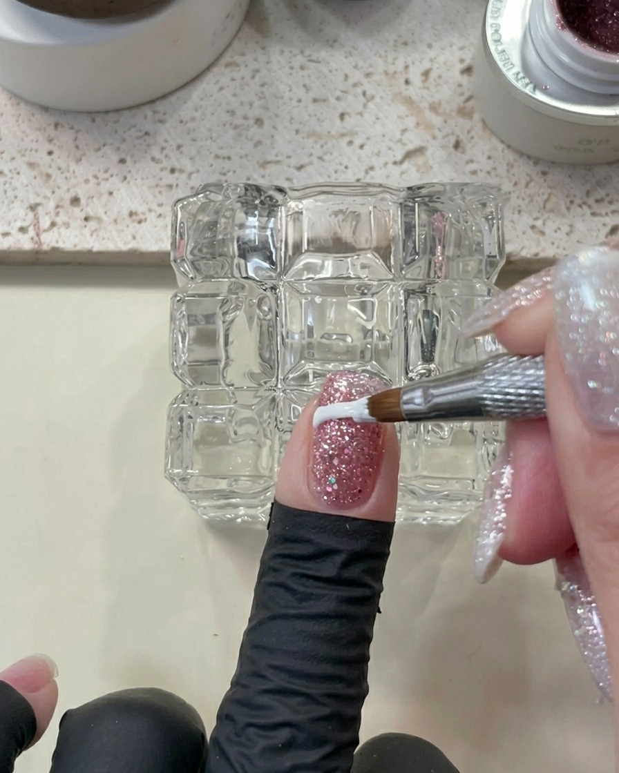 Primer plano de un dedo con gel glitter siendo limpiado antes de curar.