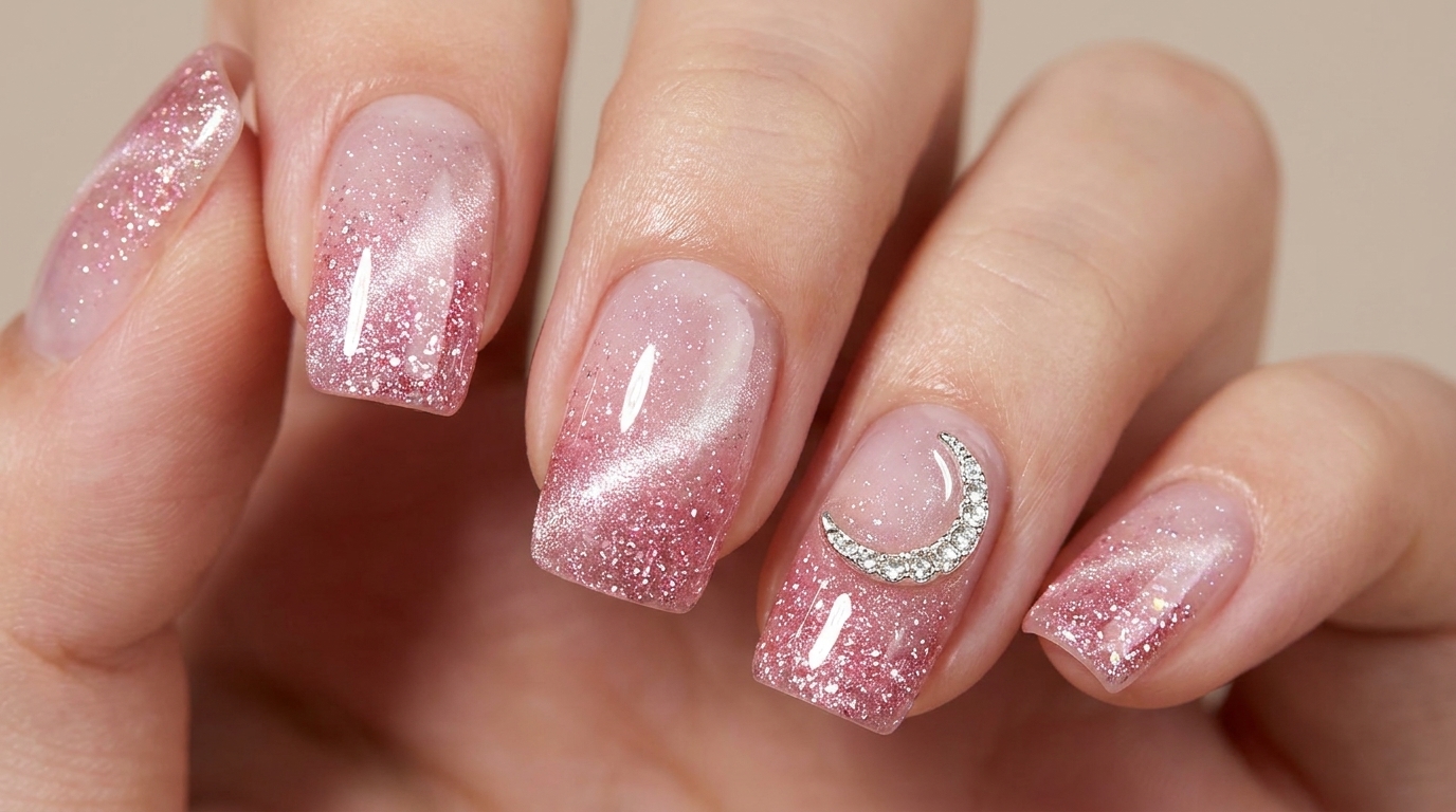 Uñas Pink Crushed Diamond con efecto Cat Eye — Tutorial paso a paso