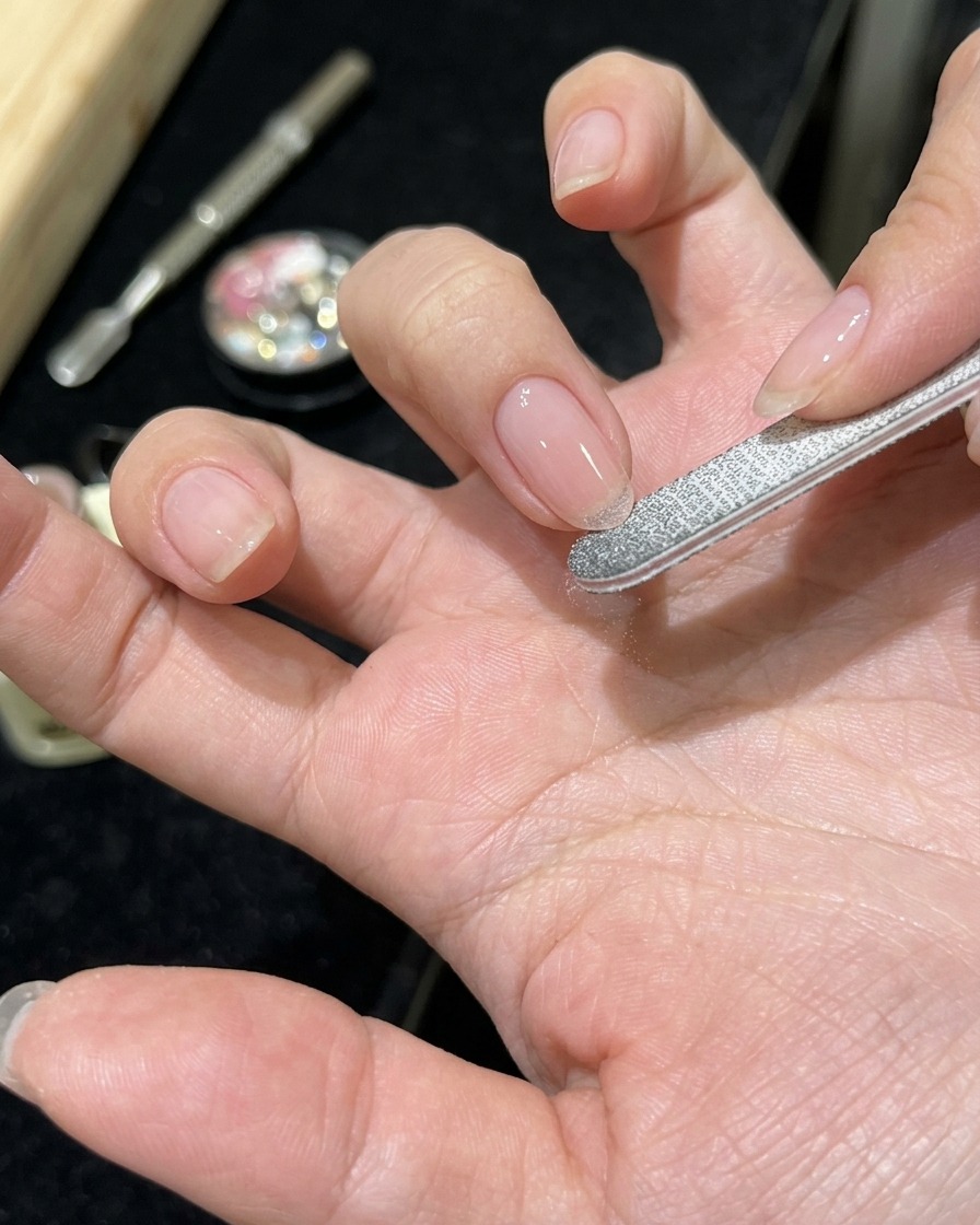 Primer plano de una mano aplicando gel rosa traslúcido sobre una uña natural limpia.