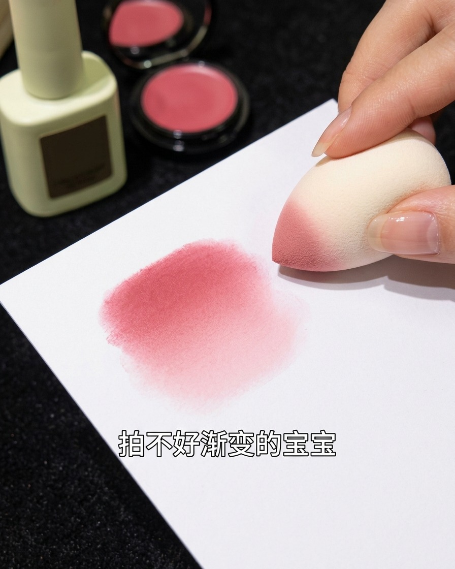 Una esponja de maquillaje aplicando gel rosa sobre una superficie blanca para probar el efecto degradado.