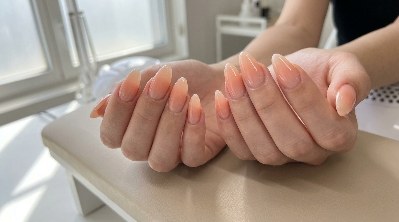 Primer plano de uñas ombré en tono melocotón con capa final brillante, sostenidas junto a una toallita sin pelusa.
