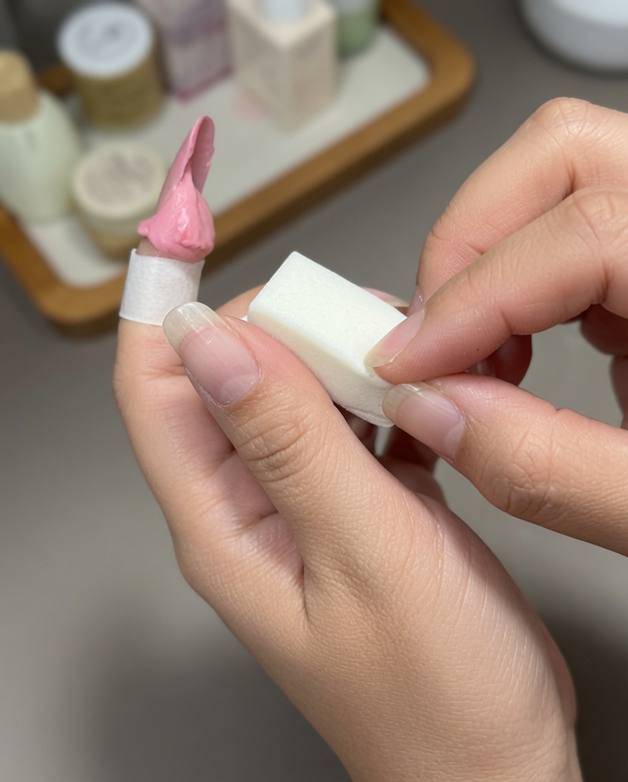 Un pequeño bloque de esponja cuadrada dando toques de gel rosa en una uña para crear un efecto degradado.