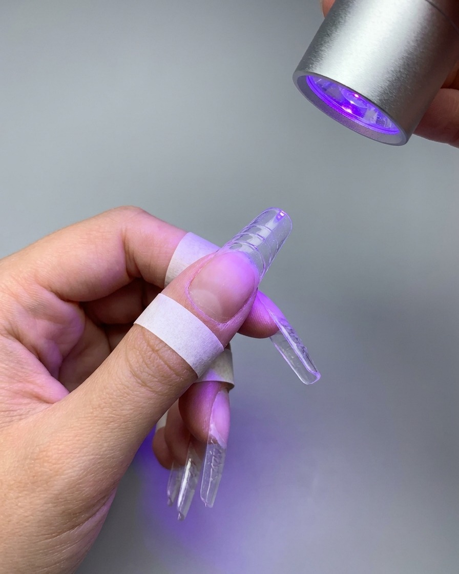 Una mini lámpara UV/LED plateada que emite una luz púrpura sobre una uña para curar un degradado rosa.