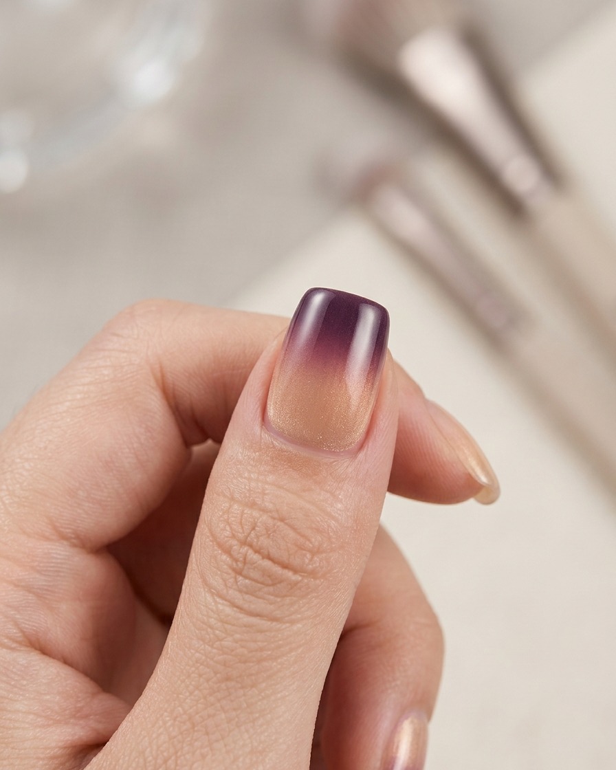 Una mano sosteniendo una pequeña lámpara de uñas portátil sobre un dedo para curar el esmalte de gel.