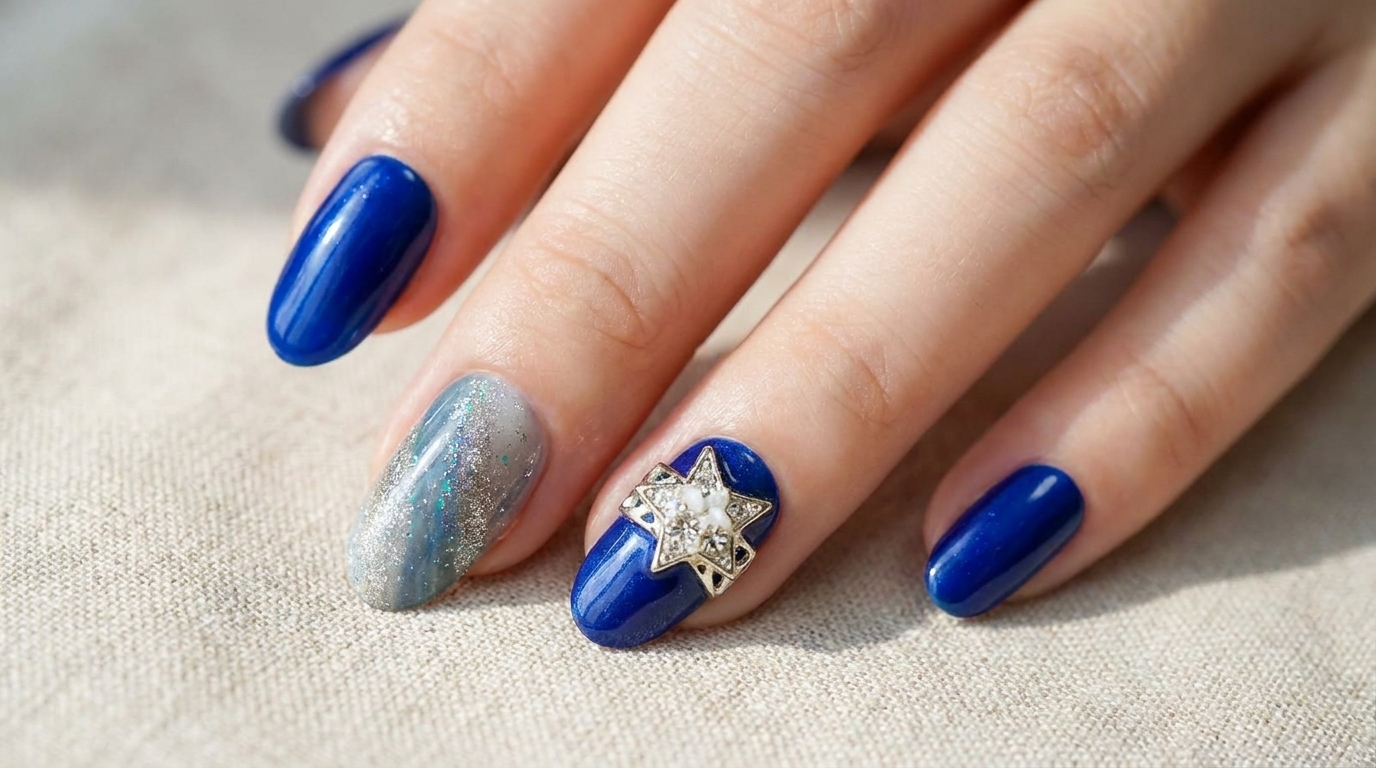 Manicura terminada con uñas postizas azul eléctrico, detalle de estrella plateada y acento de degradado de glitter.