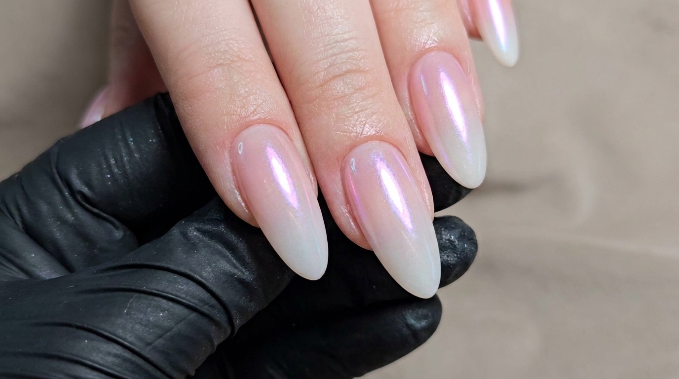 Primer plano de cinco uñas con un degradado suave de rosa milky a blanco y un acabado cromo perlado impecable.