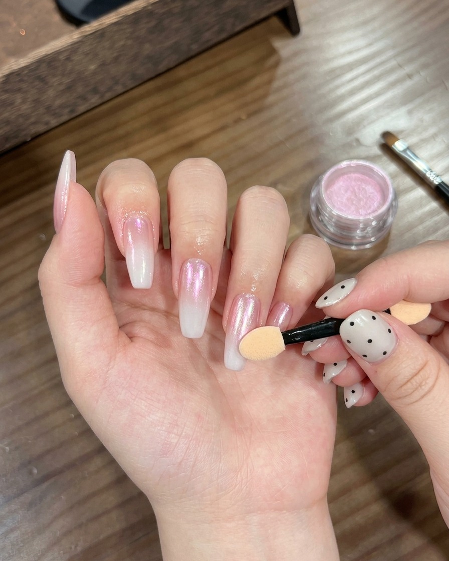 Primer plano de una mano usando un aplicador de sombras para pulir polvo cromado rosa iridiscente sobre una uña con degradado blanco.