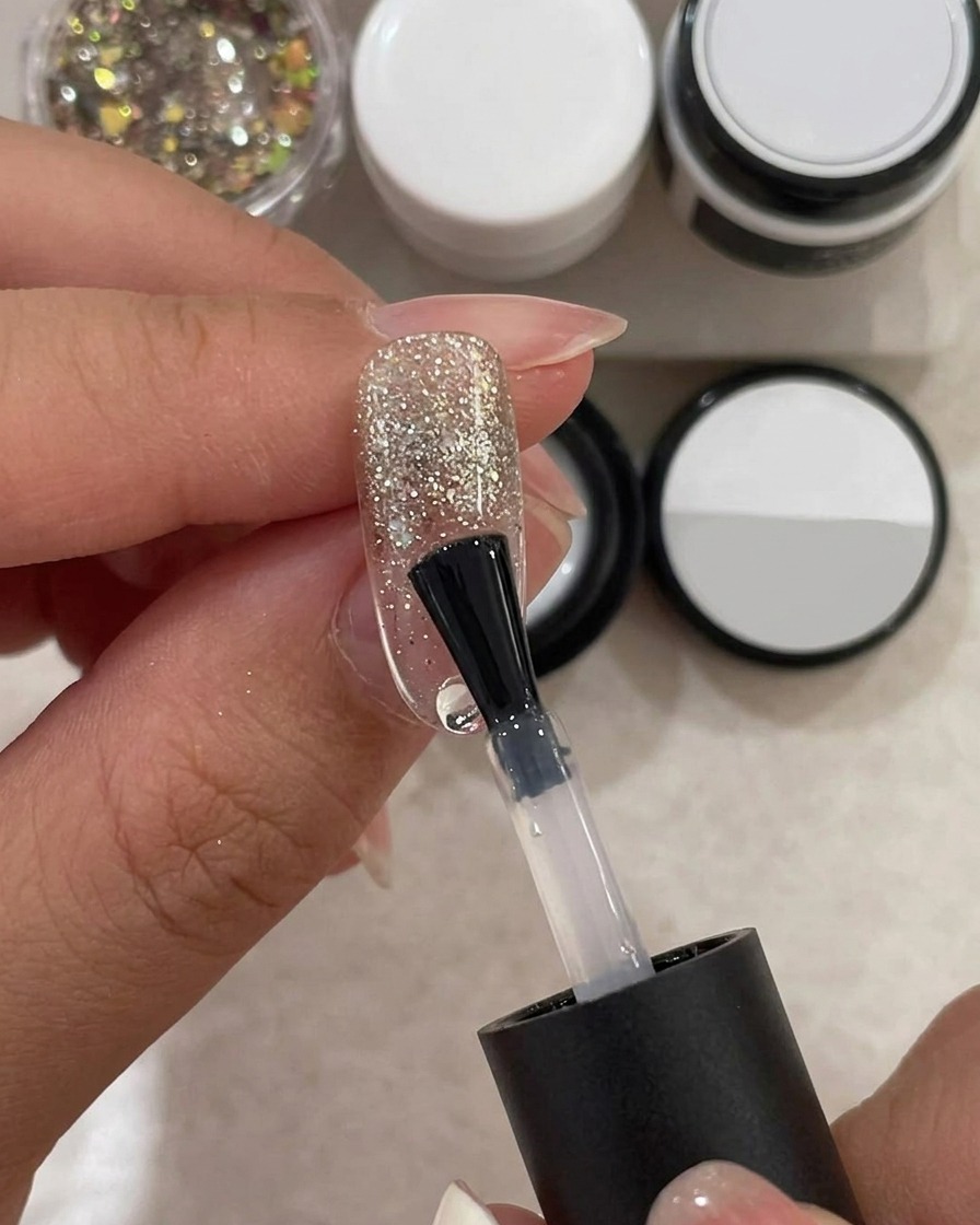 Un pincel aplicando un gel de estructura transparente de mayor viscosidad sobre la uña con glitter.