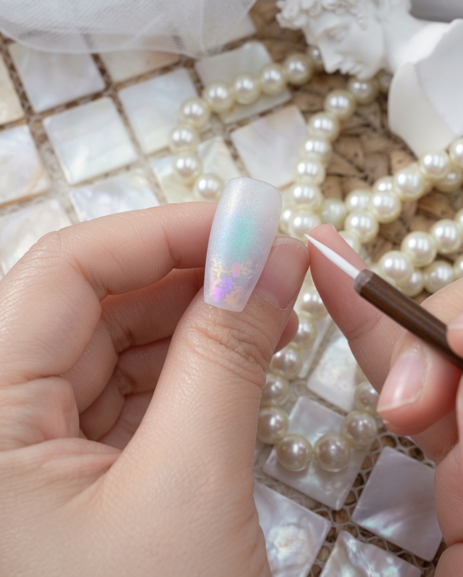 Un pincel liner fino pintando un pequeño diseño de flor blanca sobre una uña con acabado mate.