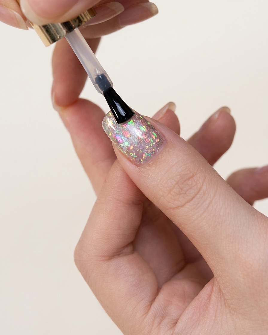 Una mano con el arte de uñas terminado de ojo de gato y dije de mariposa colocada dentro de una lámpara UV profesional para el proceso de curado final.