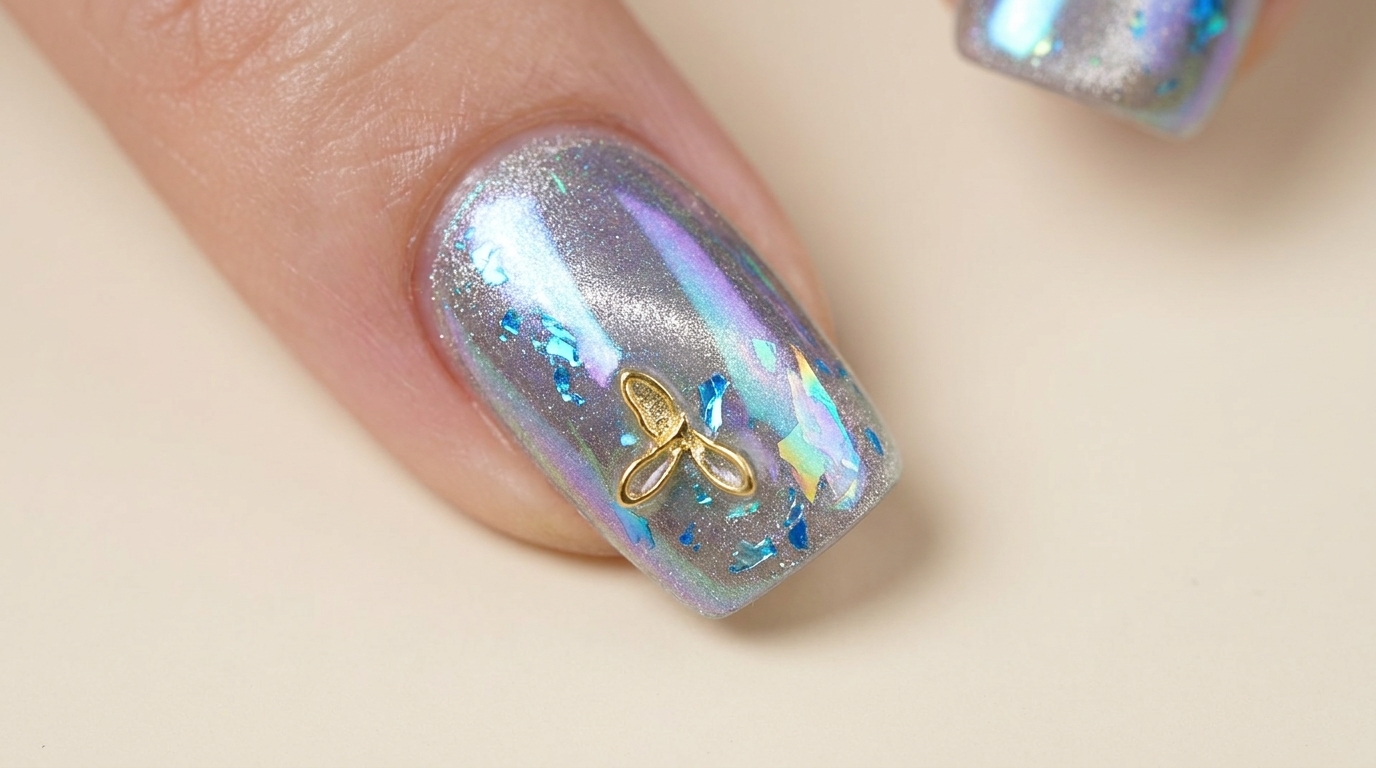 Uñas de gel estilo atardecer con ojo de gato, copos azules iridiscentes, dije de mariposa dorado y un acabado etéreo con efecto aurora.