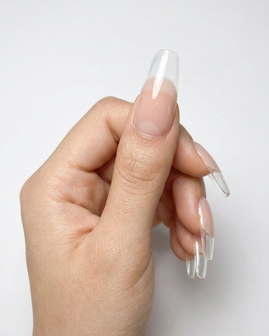 Una mano colocada bajo una lámpara UV profesional con el esmalte de gel nude curándose.