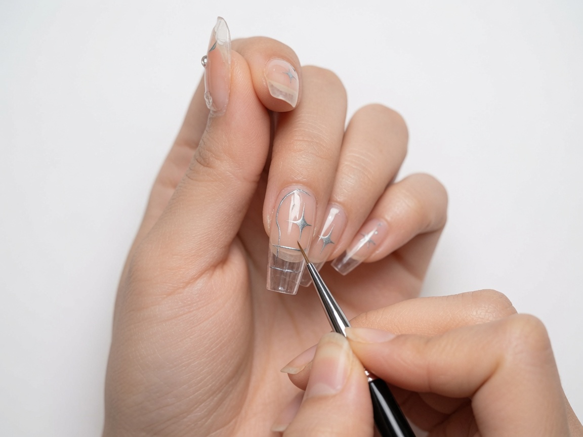 Una manicurista usando un pincel fino para rellenar el diseño de la estrella plateada metálica en una uña nude.