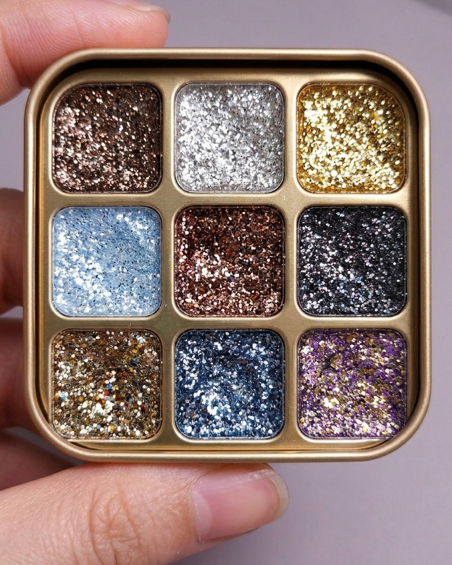Un pincel liner fino tomando una pequeña cantidad de gel de glitter plateado desde una paleta cosmética.