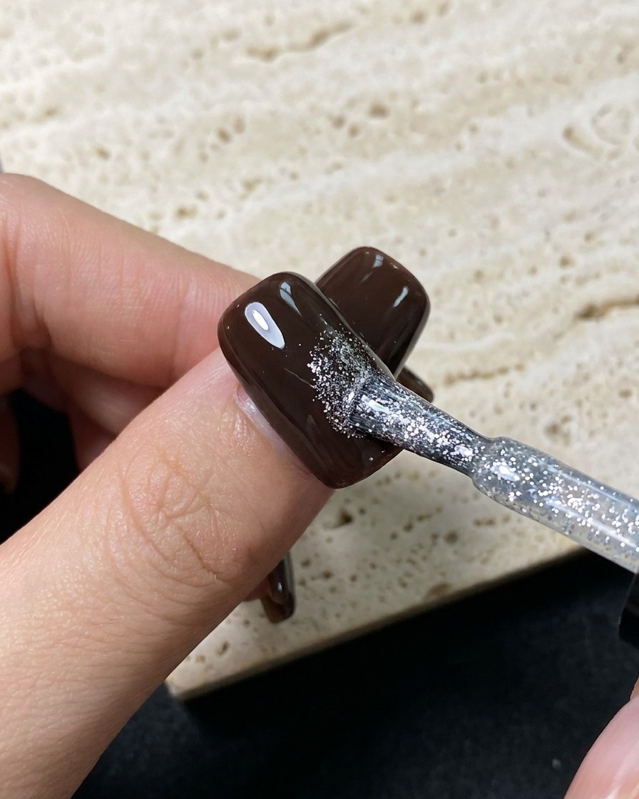 Un pincel delineador fino pintando una pequeña estrella plateada sobre una superficie de gel marrón oscuro.