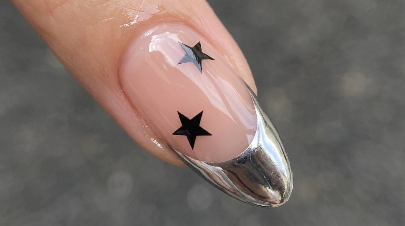Uñas largas con forma almendrada, base nude brillante, puntas francesas en cromo plateado impecable y calcomanías de estrellas negras.