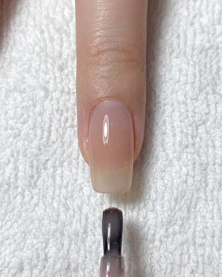 Un pincel de uñas profesional aplicando una capa base de gel nude traslúcido sobre una uña natural limpia y preparada.