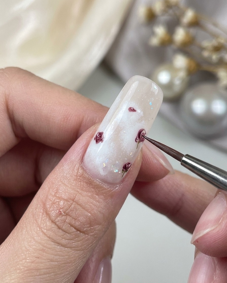 Un pincel de detalle añadiendo pétalos curvos ligeramente más grandes a los lados de una rosa parcialmente pintada.