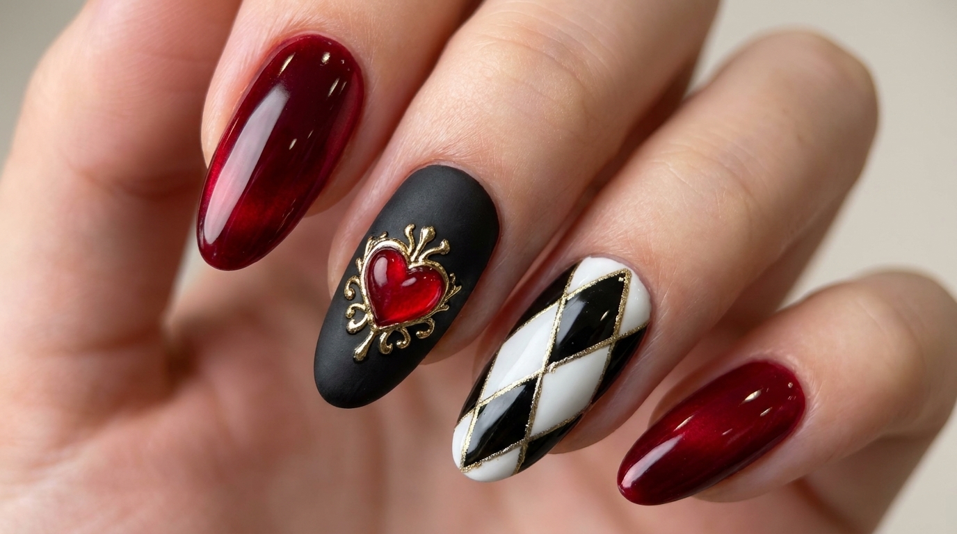 Una manicura sofisticada con uñas en rojo brillante, una uña negra mate con un corazón rojo delineado en oro y un patrón argyle en blanco y negro.
