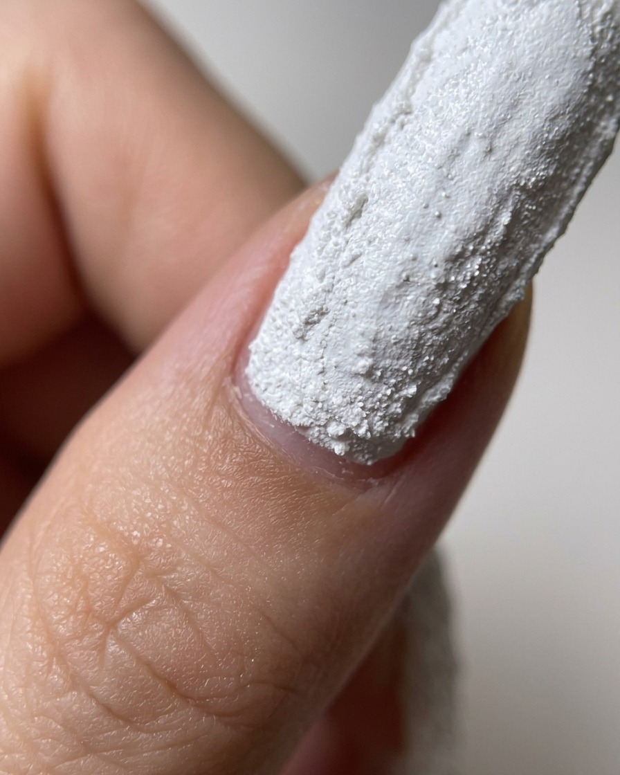 Un pincel aplicando una capa de top coat mate sobre la superficie de uña blanca texturizada y curada.