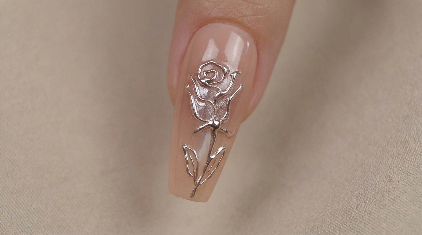Un primer plano detallado de un diseño de rosa metálica plateada sobre una base nude pulida.