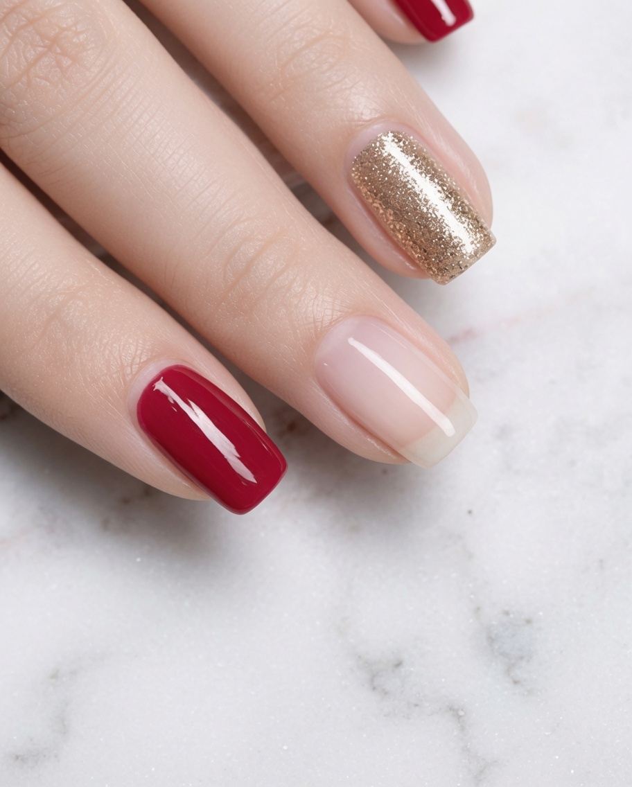 Un pincel aplicando una capa de esmalte vibrante y elegante en tono oro rosa en la uña del dedo índice.