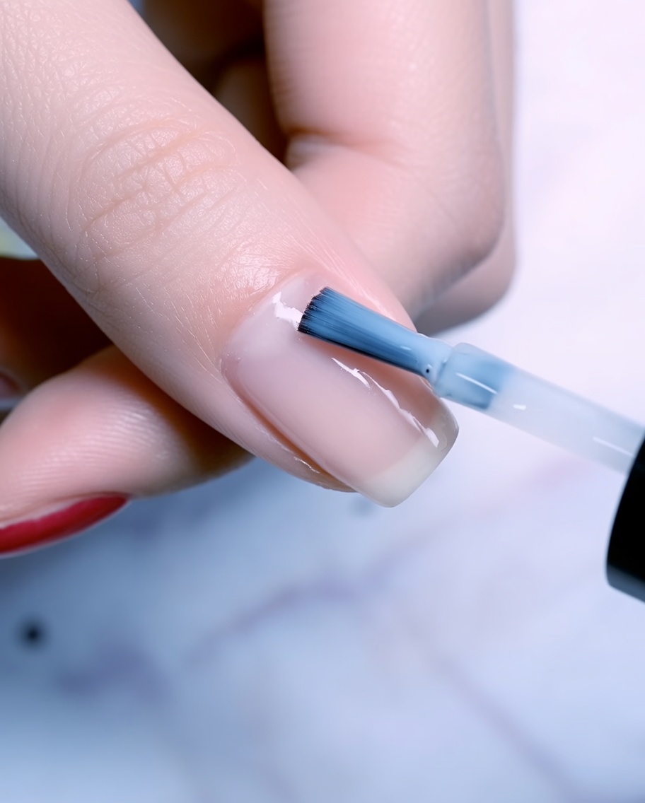 Un pincel de uñas finalizando la aplicación de una segunda capa de esmalte en gel oro rosa en el dedo índice.