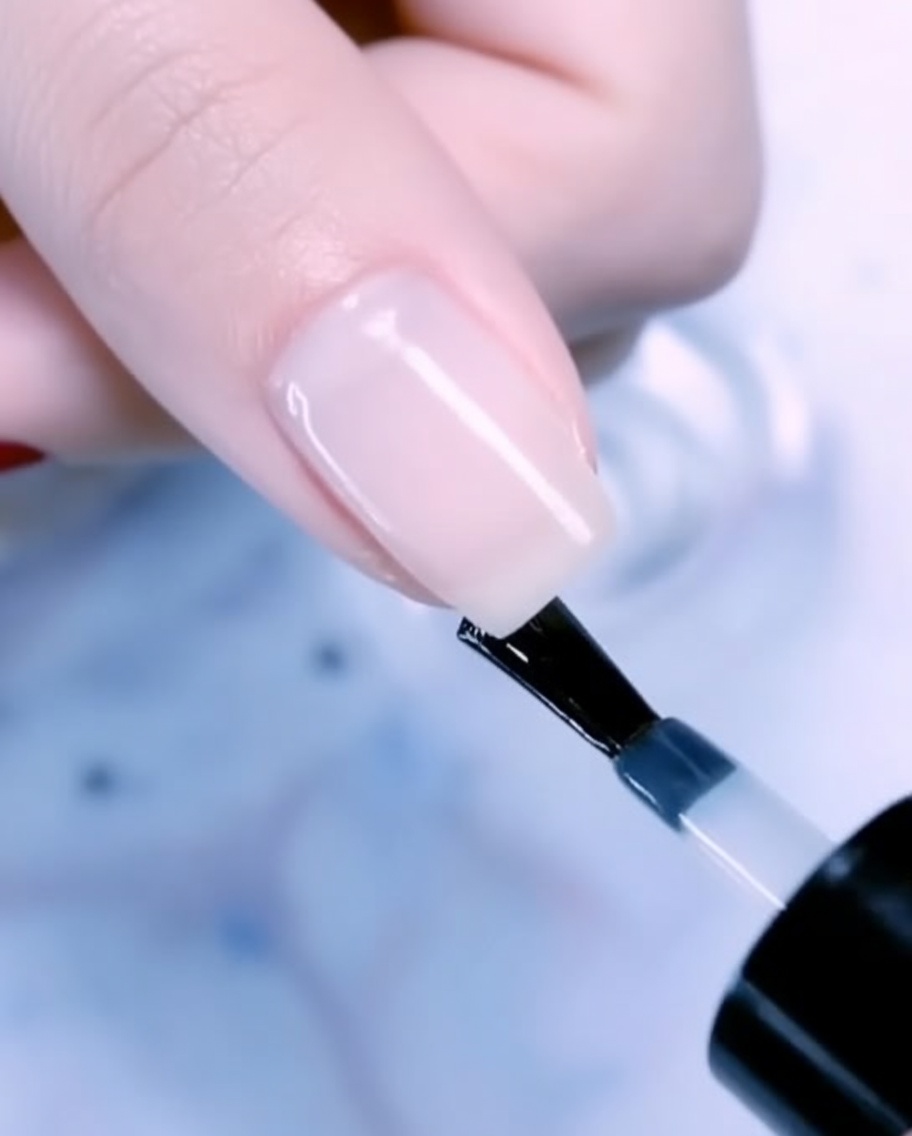 Un pincel colocando una sola gota de esmalte en gel oro rosa en la base de la uña de un pulgar.