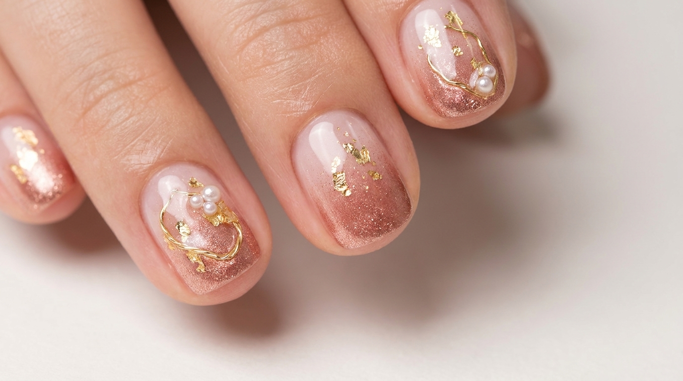 Uñas con Degradado Oro Rosa Vintage, Pan de Oro y Perlas