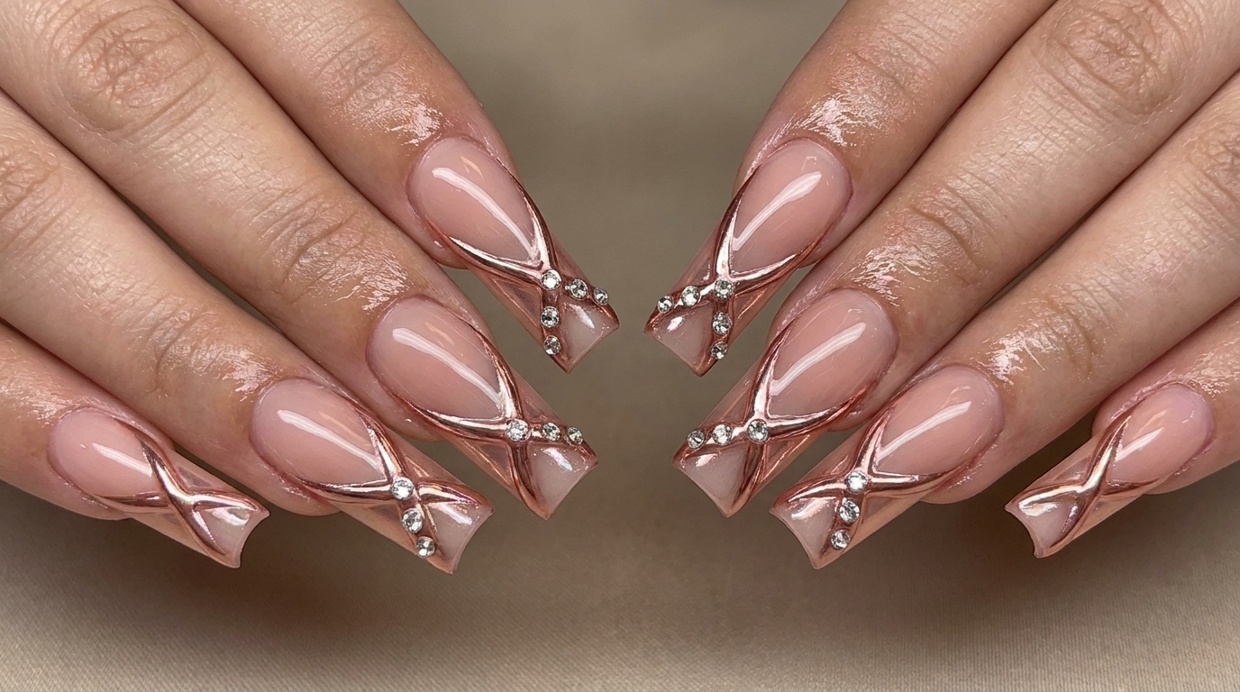 Uñas con Efecto Cromo Oro Rosa y Relieve 3D — Tutorial Paso a Paso