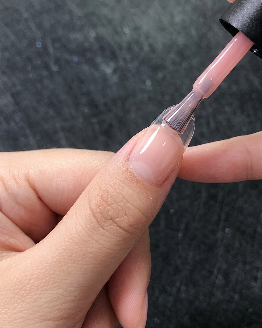 Pincel aplicando una segunda capa de gel rosa translúcido, mostrando una cobertura suave.
