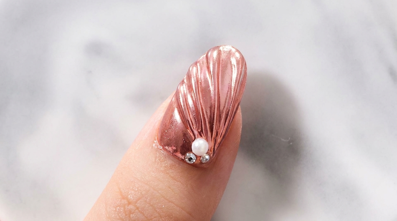 Diseño terminado de uñas de concha 3D en oro rosa, destacando su acabado cromado metálico y delicados adornos de perlas en la zona de la cutícula.