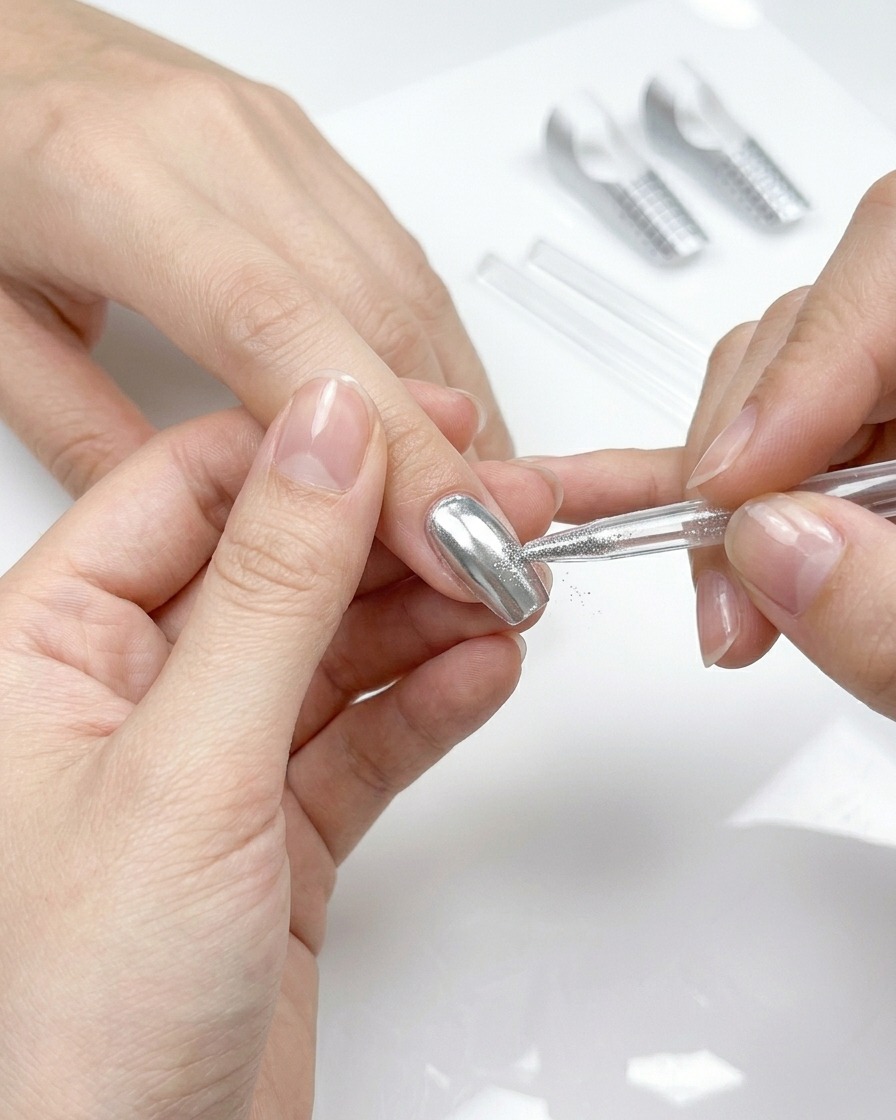 Un pincel de gel aplicando una capa uniforme de top coat transparente sobre una uña cromada plateada.
