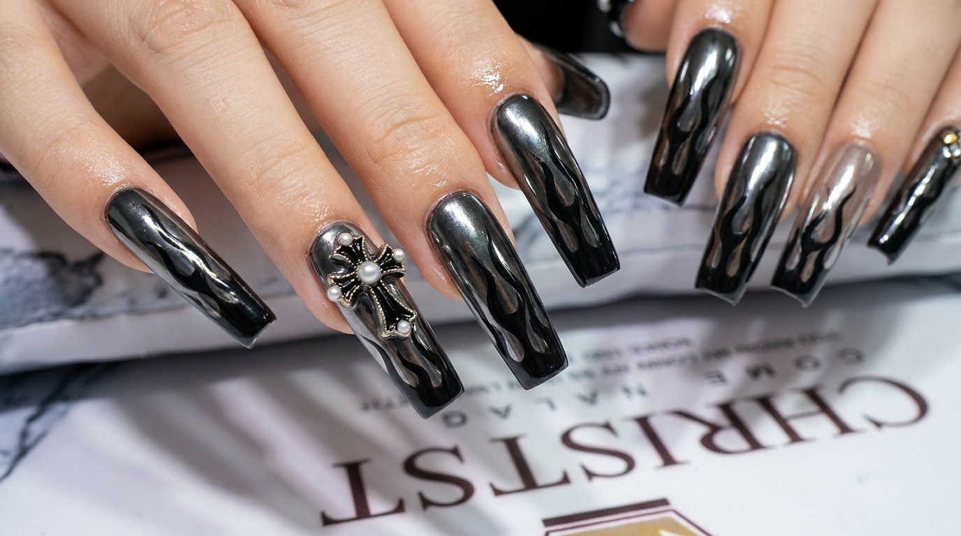 Uñas Cromadas Negras con Llamas — Tutorial de Manicura Grunge Paso a Paso