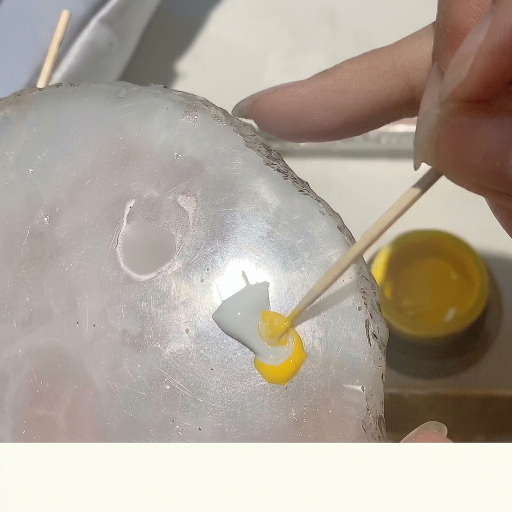 Un palito de naranjo mezclando esmalte de gel blanco y amarillo en una paleta de cristal.
