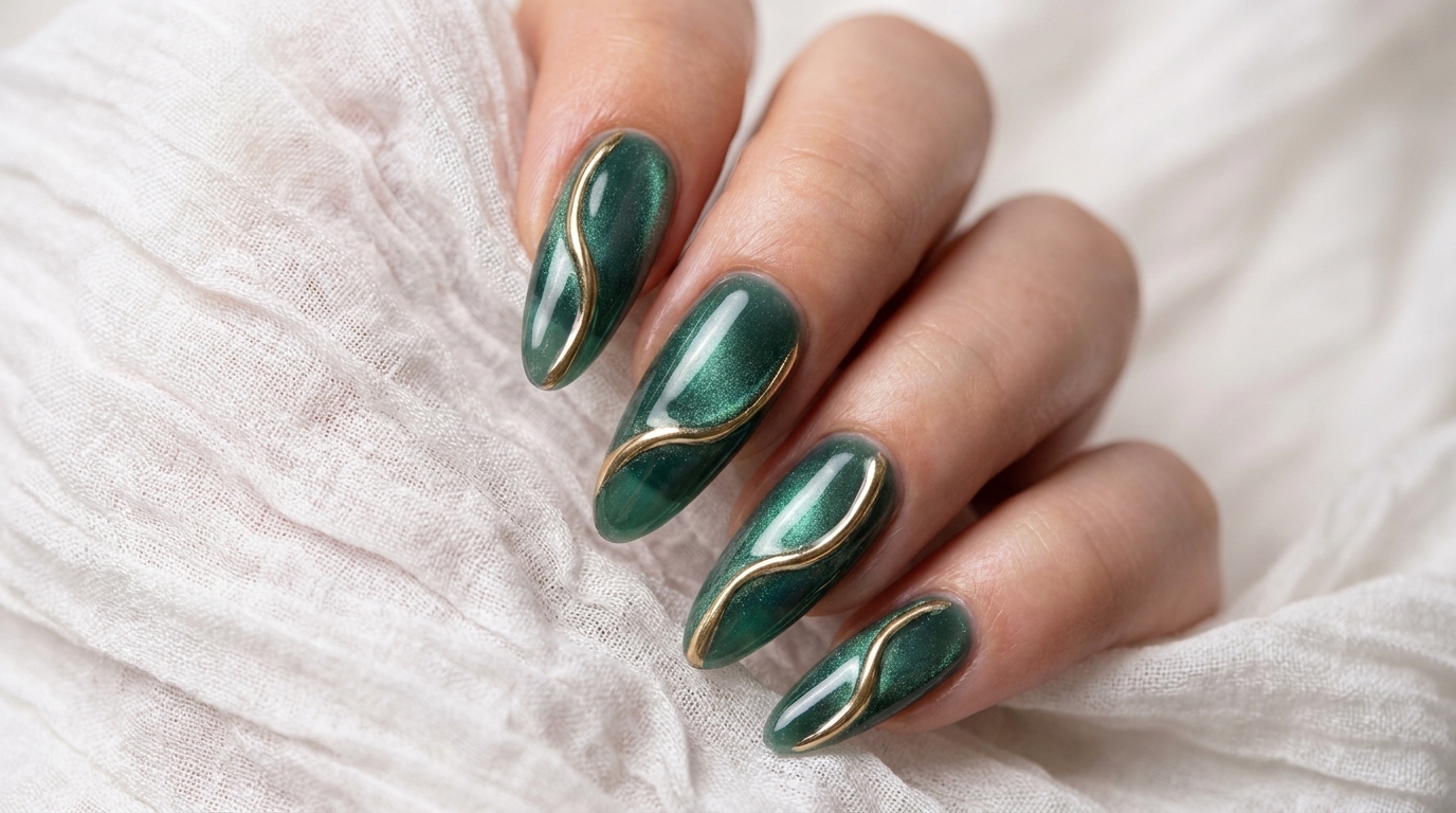 Uñas Cat Eye Verde Lago con Detalles en Cromo Dorado 3D: Tutorial Paso a Paso
