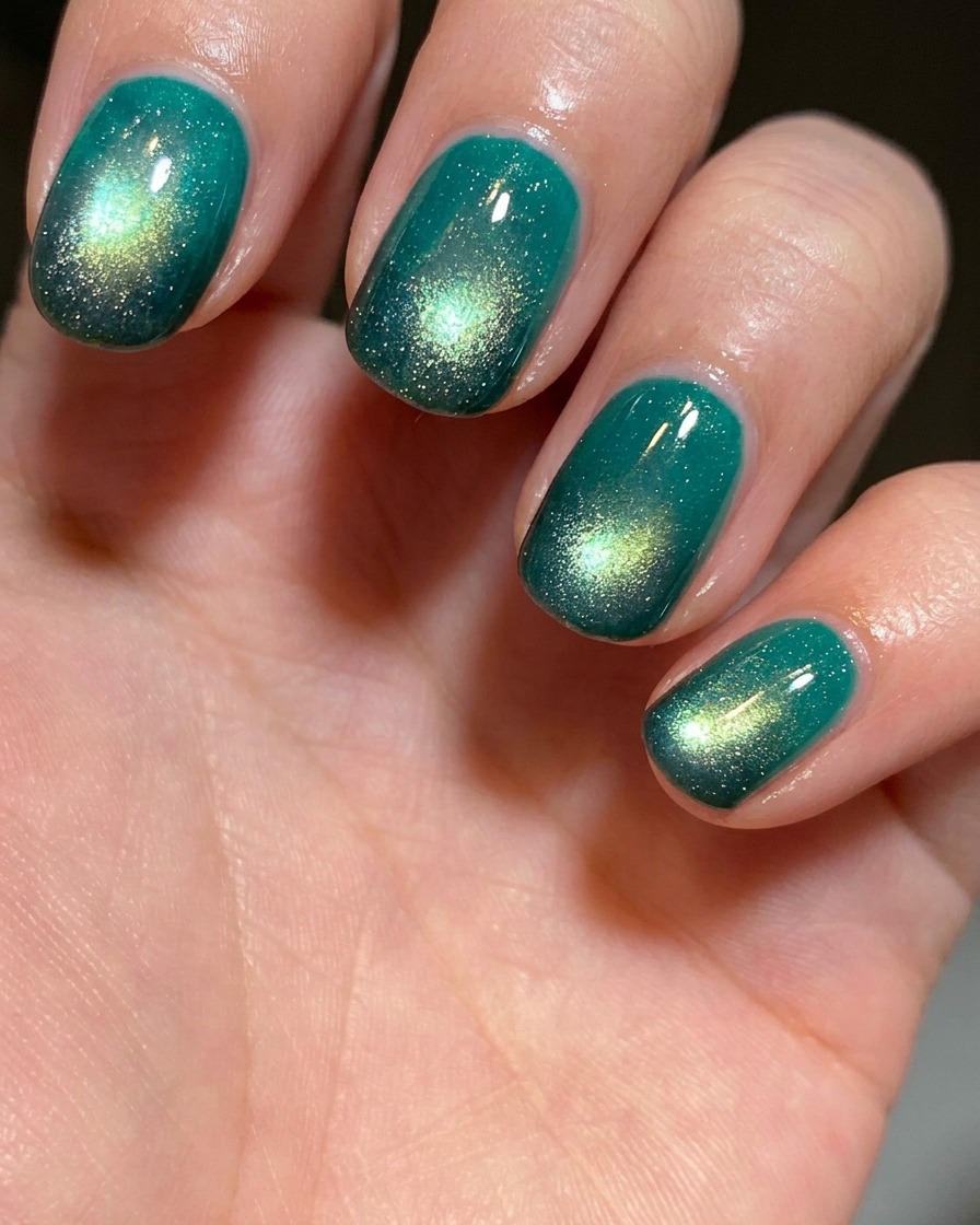 Una mano sosteniendo un frasco de esmalte en gel ojo de gato color verde lago frente a un fondo liso.